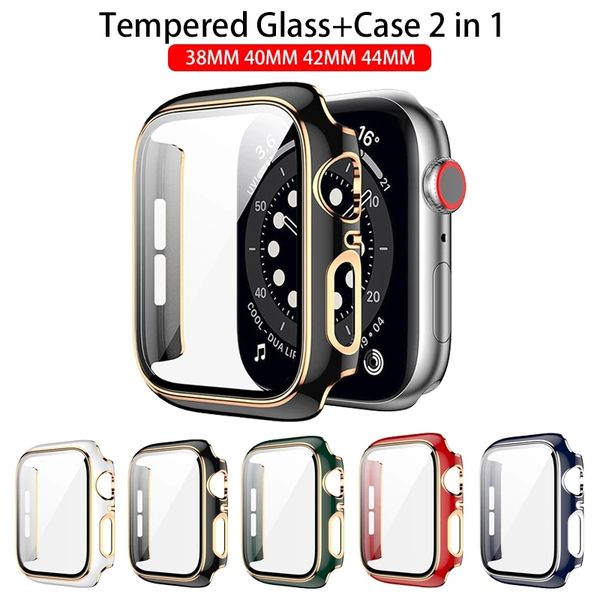 

screen protector cover for Apple Watch 6 SE 5 4 3 2 PC bumper glass+case for iwatch 44mm 42mm 40mm 38mm frame Accessorie, White sliver