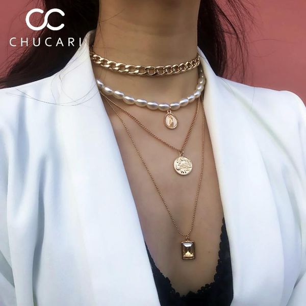 

pendant necklaces chucari trendy punk multi layer metal pearl choker collar statement necklace virgin coin crystal women jewelry, Silver