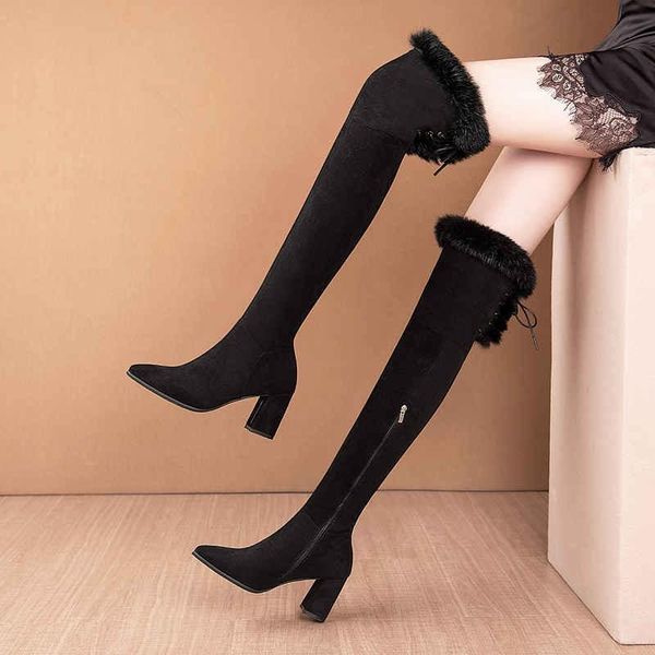 

boots 2021 winter fashion thigh high over the knee women stiletto heels plus velvet pointed toe zipper boot, Black