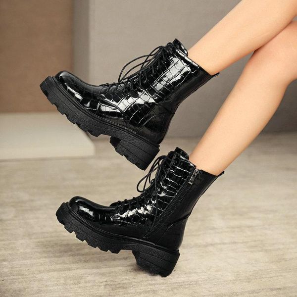

boots 2021 patent pu leather women motorcycle platform square heel ladies ankle winter black brown