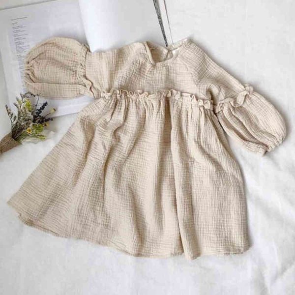 

korean japan style baby girls dresses spring kids dress linen clothes ruffles princess toddler clothing 210429, Red;yellow