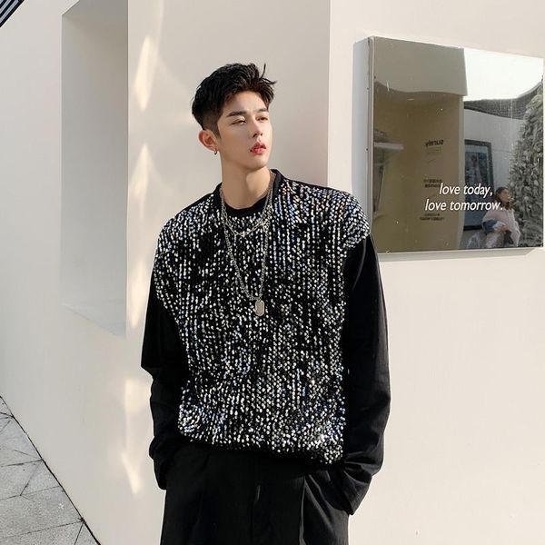 

men's t-shirts 2021 the shiny long sleeve t-shirt with sequins spliced web celebrity stage costume, White;black