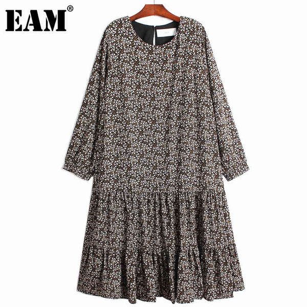 

[eam] women printed big size hem pleated long dress round neck long sleeve loose fit fashion spring summer 1dd6167 21512, Black;gray