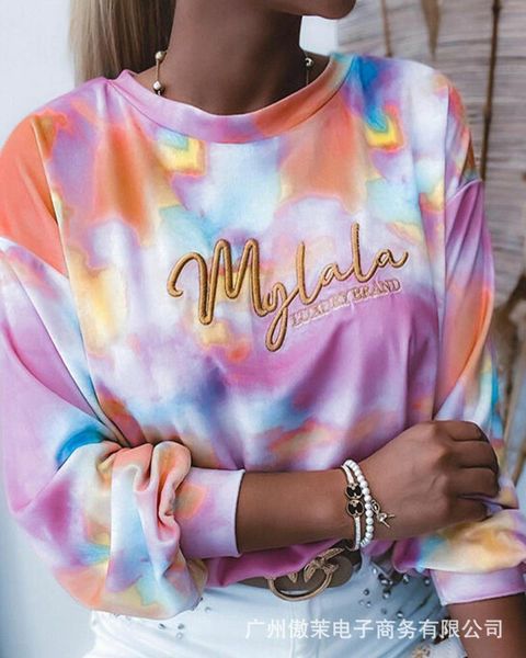 

women's t-shirt 2021 autumn long-sleeved embroidered letters tie-dye sweater top, White