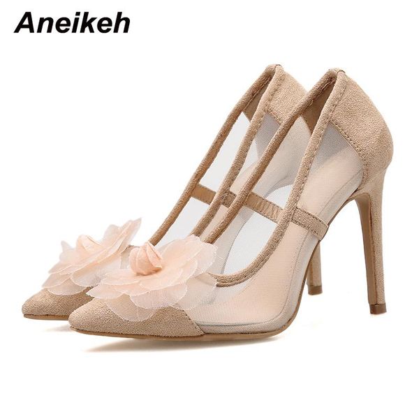 

dress shoes aneikeh fashion flock shallow flower summer for women thin heels mesh hollow pumps 2021 slip-on wedding party, Black