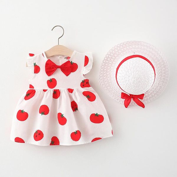 

girl's dresses 2021 summer baby girls sets small tomato little flower print bow dress hat, Red;yellow