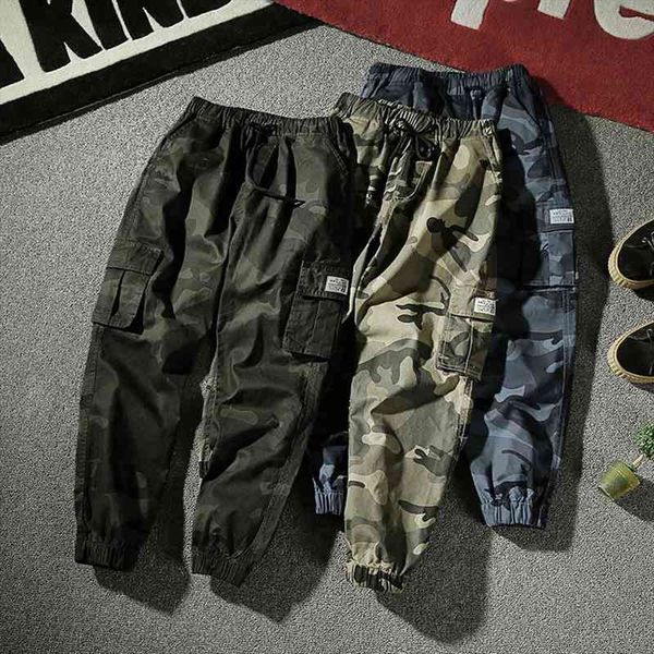 

casual camouflage ankle tied women pant multi pockets cotton sport ninth trousers, Black