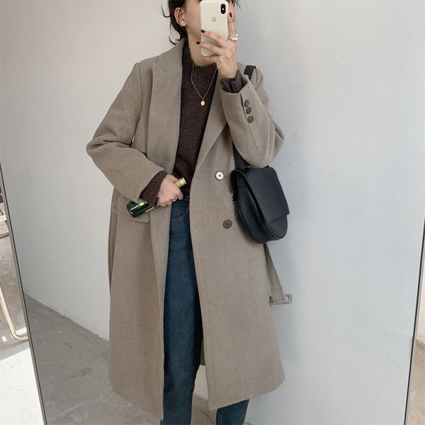 

wool solid wool chic fashion retro elegant korea long gentle blend loose casual warm woolen winter women coat, Black