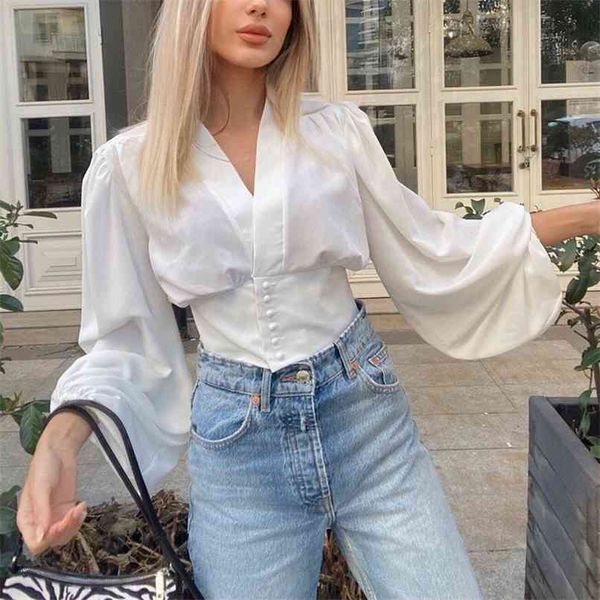 

summer women's casual solid color v-neck long-sleeved short shirt 210430, White