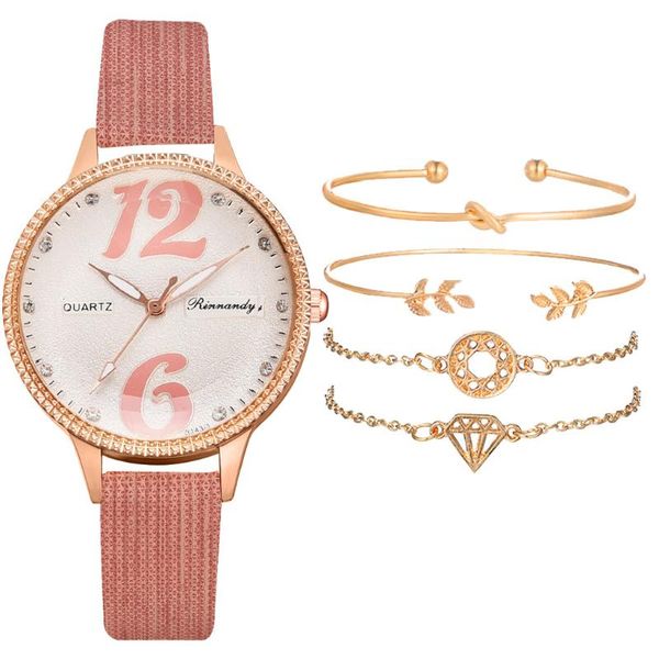 

wristwatches elegant bracelet watch set for woman leather pink ladies clock rhinestone fashion women's luxury big number relogio, Slivery;brown