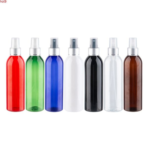 Prata alumínio-plástico bomba de pulverização frascos de perfume 250ml Recipiente de pulverizador preto transparente transparente para protetor solar 12pc / lotgood qty