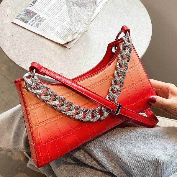 

evening bags women's bag metal chain shoulder stone pattern handbags for women 2021 gradient color leather clutches totes