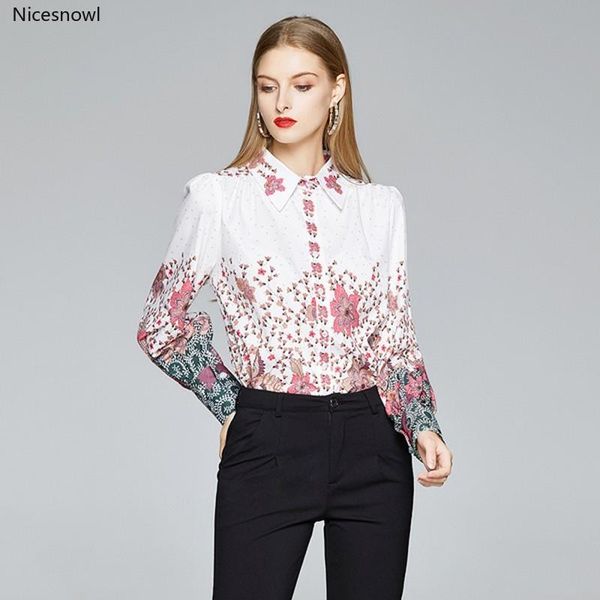 

women's blouses & shirts long sleeve flowersprint blouse 2021 autumn fashion elegant slim draped office lady casual, White
