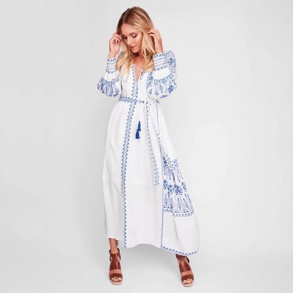 

casual dresses bohemian holiday embroidery tassel mujar cotton robe femme lace up lantern sleeve maxi dress gothic vestidos de fiesta, Black;gray