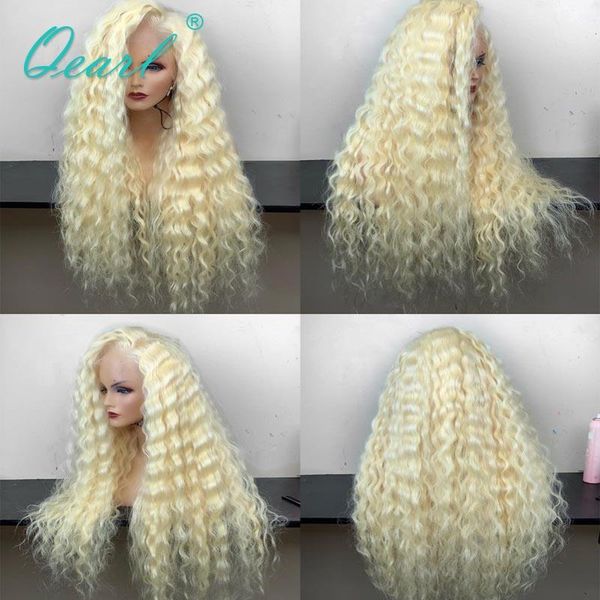 

deep wave 13x6 lace front wig 613# white blonde human hair wigs brazilian remy for women transparent pre plucked 150% qearl, Black;brown