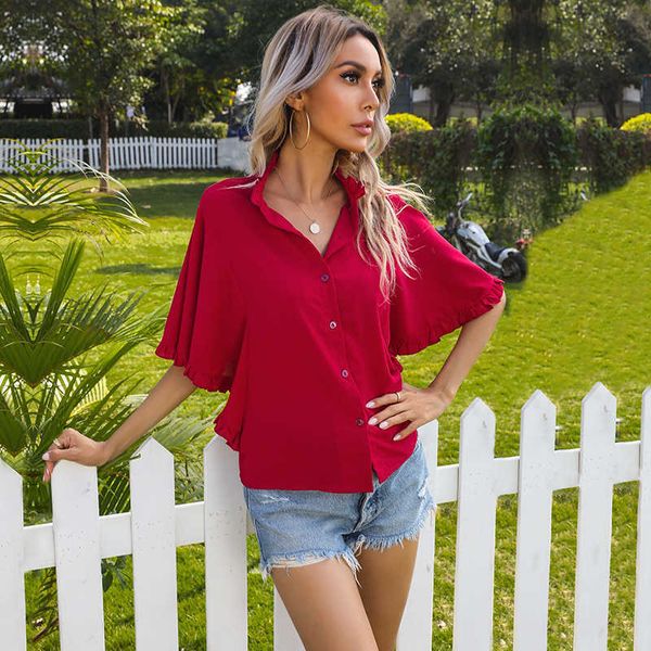 

summer short sleeve ruffles women single-breasted solid color chiffon office shirt casual plus size streetwear blouse 210608, White