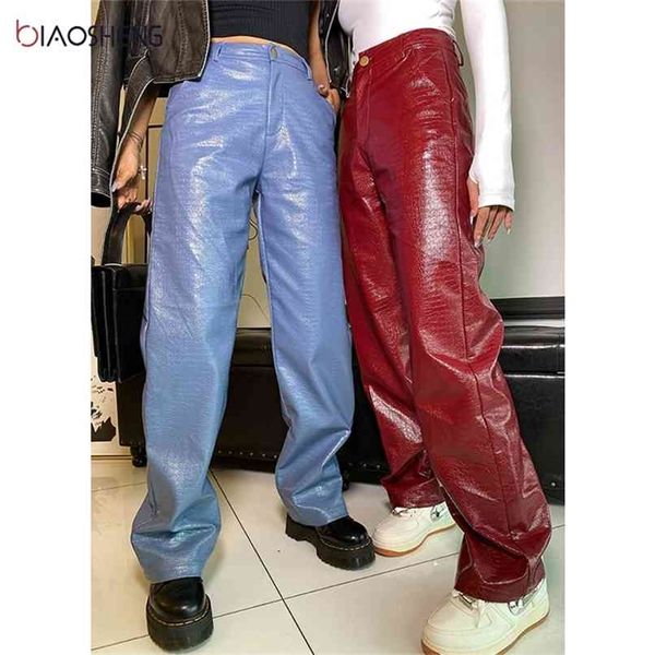 Pantaloni in ecopelle da donna a vita alta da donna larghi sexy streetwear moda elegante gamba dritta pantaloni femminili 210915