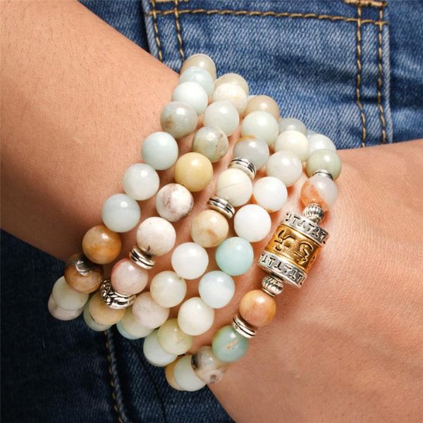 

style natural amazonite stone 8mm 108 beads mala buddhist barrel charm women men's prayer or yoga beaded bracelet wholesale beaded, str, Black