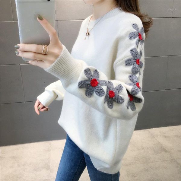 

women's sweaters sweet floral embroidery knit sweater women loose pullover 2021 korean jumper fall and pullovers fashion f527, White;black