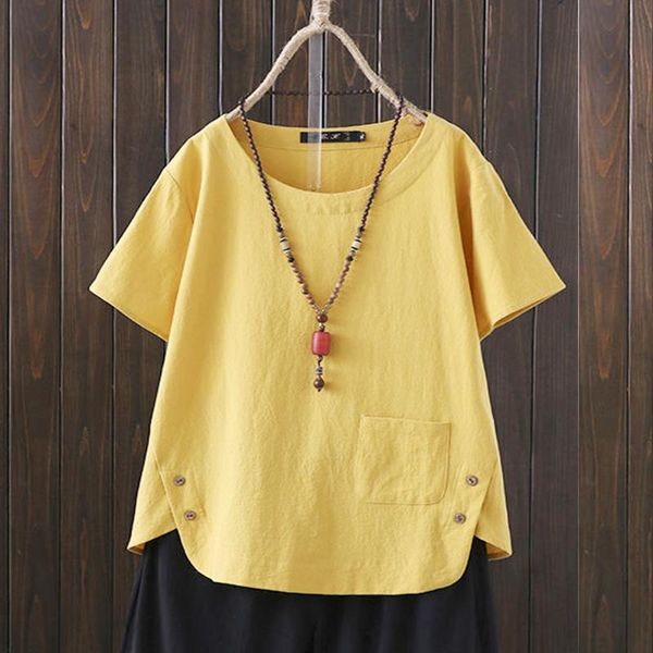 

women's blouses & shirts 2021 summer blouse women cotton linen oversized shirt short sleeve solid o neck loose casual white plus size