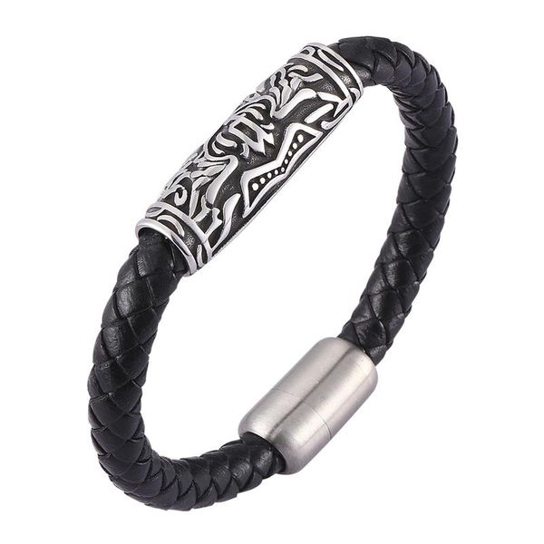 

charm bracelets punk vintage hand jewelry male black braided leather men bracelet round stainless steel magnetic clasp wristband sp0467, Golden;silver