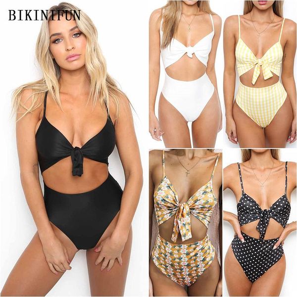 

one-piece suits 2021 front bow knot swimsuit women high waist swimwear s-xl girl backless bathing suit solid polka dot one piece