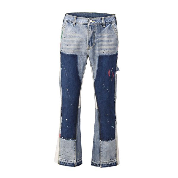 

men's jeans ins high street biber heavy industry ink splashing deconstruction micro flared pants tide accumulation floor sweeping contr, Blue