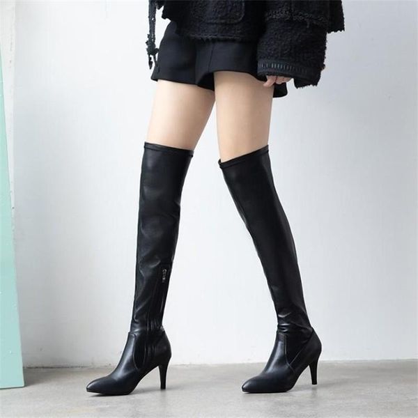 

dress shoes women's autumn and winter thin heel high over knee boots elastic cow leather size, Black