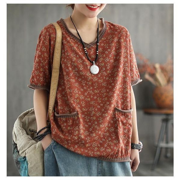 

loose short sleeve floral retro womens t shirt v neck patchwork pockets spring summer, White
