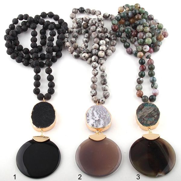 

pendant necklaces moodpc fashion bohemian jewelry semi precious stones long knotted stone links round agat for women ethnic necklace, Silver