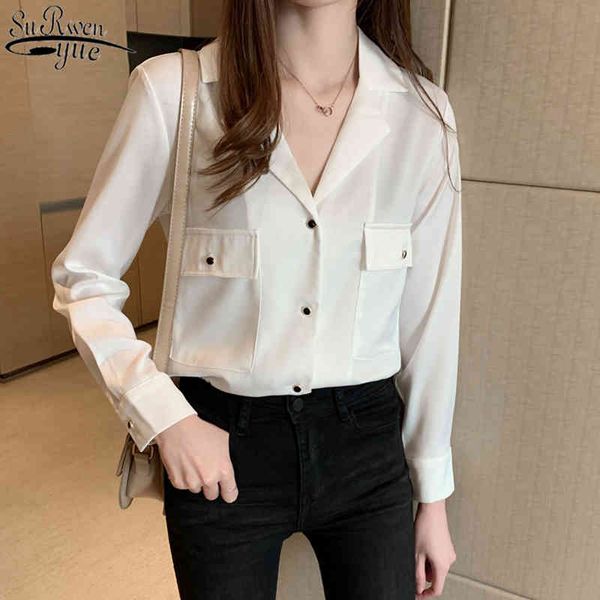 

fashion women shirts new style autumn and winter korean all-match v neck large pocket long sleeve chiffon blouse 10492 210417, White