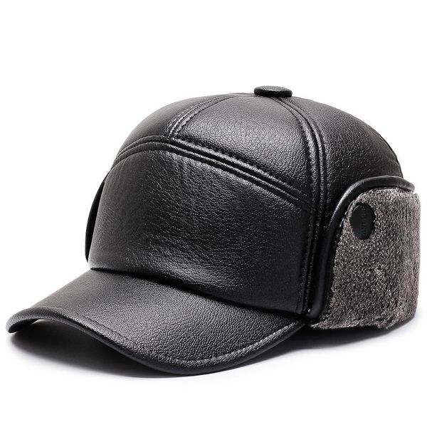 

old men's winter leather baseball cap velvet earmuffs warm thicker cap snapback ear protection dad hats, Blue;gray