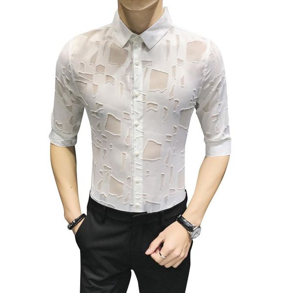 

men's casual shirts 2021 boring summer five-point sleeve shirt night field handsome personality hair stylist mid-sleeved, White;black
