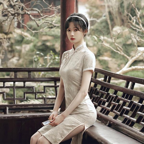 

chinese traditional for women mandarin collar short sleeve qipao spring summer vintage improved cheongsam party dress ethnic clothing, Red