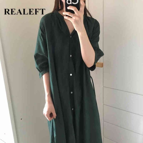 

spring summer oversize women long dresses casual loose fashionable v neck single breasted female shirts 210428, Black;gray