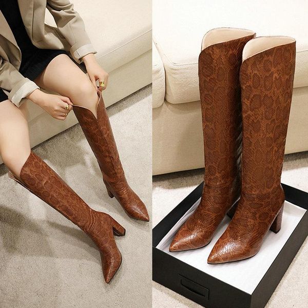 

boots plus size 34-43 print western female brand women thick high heels knee pointed toe ladies shoes1, Black