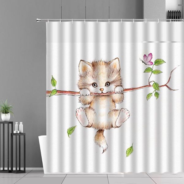 

cartoon animal children shower curtains cute cat green leaf butterfly fun pattern kids room decor waterproof bathroom curtain