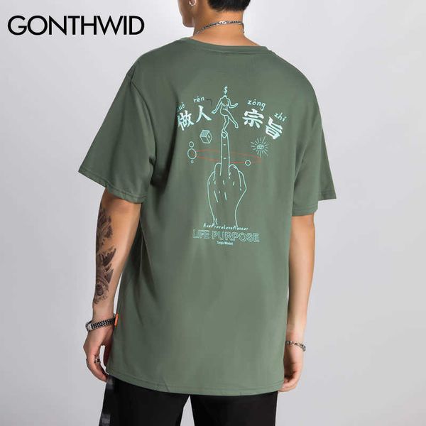 Gonthwid CHINESES CHINESA DEDO MÉDIO Imprimir Streetwear Tshirts Hip Hop Hipster Casual Manga Curta Punk Rock Tees Shirts Homens 210629