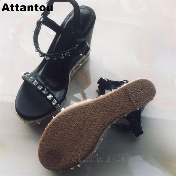 

summer fashion black wedge high heel sandals silvery rivet belt designer platform heels ankle buckle cool shoes
