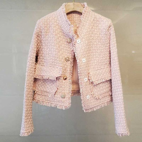Прибытие взлетно-посадочная полоса пружина высокого качества сладкий розовый бисером куртка пальто элегантные женские прекрасные шерстяные роскошные бездорожья 210529