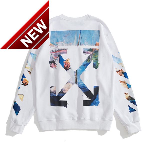 

monet tide brand off oil painting ow arrow graffiti men and women same style lovers loose round neck sweater, Black