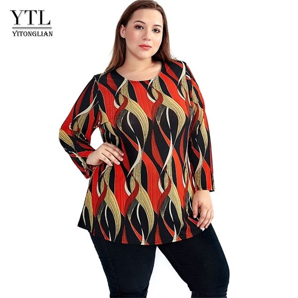 YTL Plus Size Imprimir Tshirt Mulheres Elegant Bohemian Laranja O Neck Senhoras Três Quarter Sleeve Solto Top Top Camisas Casuais T-shirt H105 210330