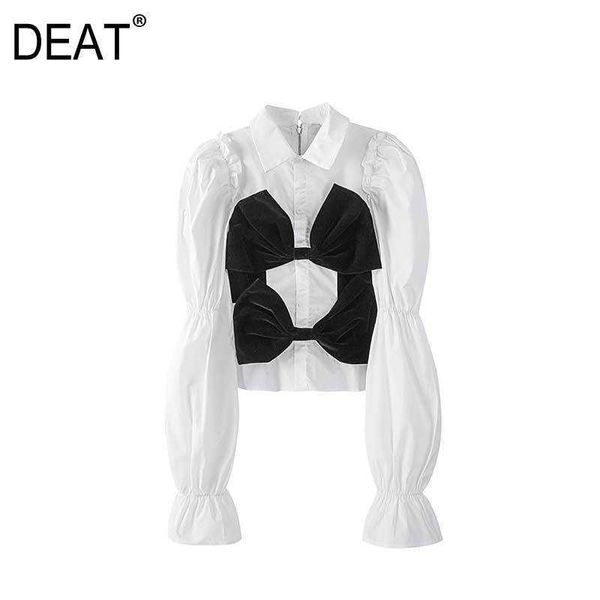 [Deat] Personalidade da Primavera Voltar Zipper Girl-Down Collar Manga Longa Curva Retalhos Single-Breasted White Shirt 13C422 210527
