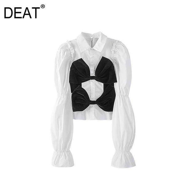 

[deat] spring personality back zipper turn-down collar long sleeve bow patchwork single-breasted white shirt 13c422 210527