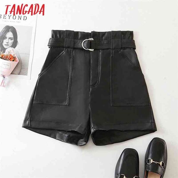 

tangada autumn winter women black faux leather shorts with belt strethy waist pockets female retro casual shorts hy249 210331, White;black