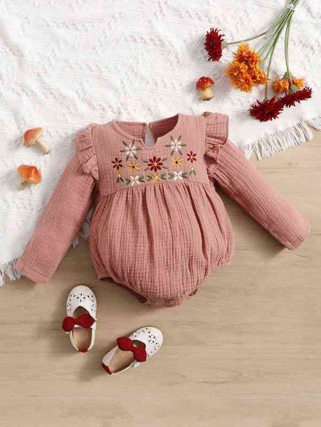 

baby keyhole back ruffle detail floral embroidery bodysuit she, Blue
