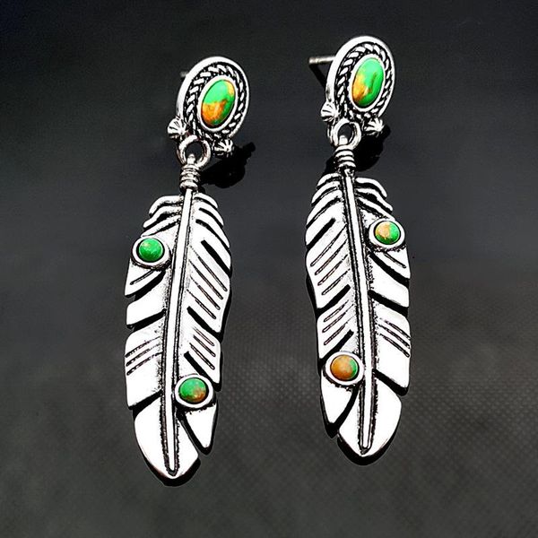 

dangle & chandelier fashion vintage natural turquoises feather earrings for women girl bohemian statement long earring boho jewelry, Silver