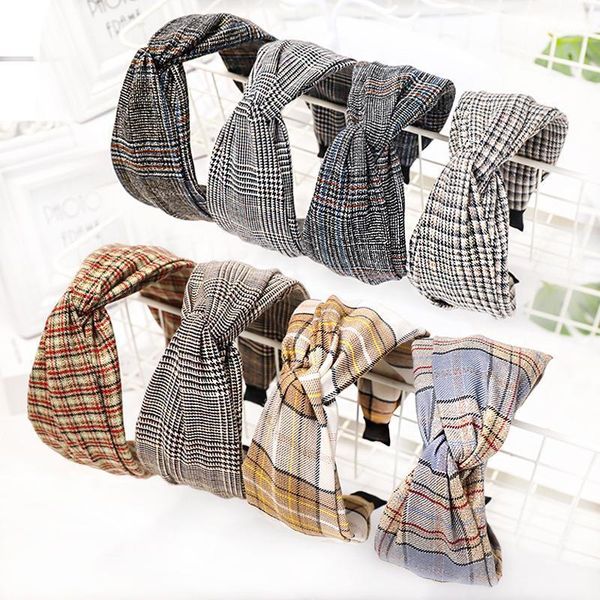 

classic fashion hairbands woman plaid fabric cross wide bezel elastic for hair accessories women autumn winter1