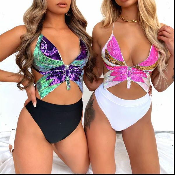 

summer halter backless women cami crop fashion bandage sequins butterfly cropped woman sleeveless streetwear, White