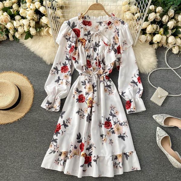 

fashion summer holiday dress women casual lace-up round neck flare sleeve floral print ruffles party robe dresses, Black;gray